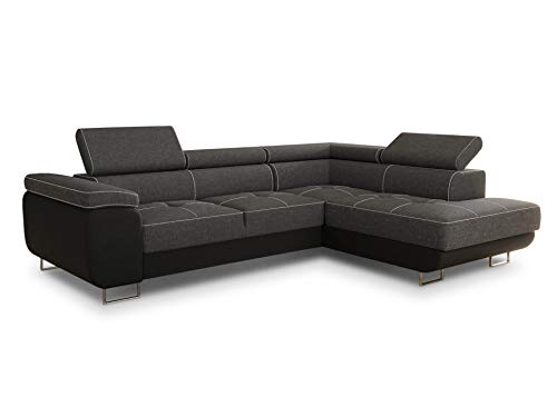 Ecksofa Caris mit Schlaffunktion und einstellbare Kopfstützen, Wohnlandschaft mit Bettkasten, Couch, Sofa, Bettsofa (Schwarz + Dunkelgrau (Soft 011 + Sawana 05), Ecksofa Rechts) von Sofnet