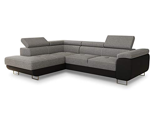 Ecksofa Caris mit Schlaffunktion und einstellbare Kopfstützen, Wohnlandschaft mit Bettkasten, Couch, Sofa, Bettsofa (Schwarz + Grau (Soft 011 + Sawana 21), Ecksofa Links) von Sofnet