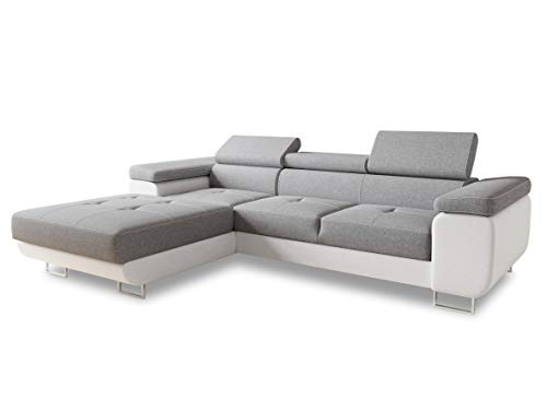 Ecksofa Divo mit Schlaffunktion, Bettkasten und Kopfteilverstellung, Polsterecke, Wohnlandschaft, Sofagarnitur, Couch, Sofa, Federkern (Weiß + Grau (Soft 017 + Sawana 21), Ecksofa Links) von Sofnet