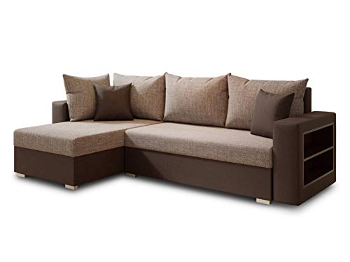 Ecksofa Lord mit Regal und Schlaffunktion - Sofa mit Bettkasten, Schlafsofa, Polsterecke, Couch L-Form, Couchgarnitur, Sofagarnitur (Braun + Beige (Dolaro 33 + Berlin 03), Ecksofa Links) von Sofnet