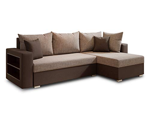 Ecksofa Lord mit Regal und Schlaffunktion - Sofa mit Bettkasten, Schlafsofa, Polsterecke, Couch L-Form, Couchgarnitur, Sofagarnitur (Braun + Beige (Dolaro 33 + Berlin 03), Ecksofa Rechts) von Sofnet