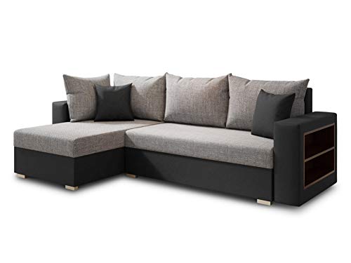 Ecksofa Lord mit Regal und Schlaffunktion - Sofa mit Bettkasten, Schlafsofa, Polsterecke, Couch L-Form, Couchgarnitur, Sofagarnitur (Schwarz + Grau (Dolaro 08 + Berlin 01), Ecksofa Links) von Sofnet