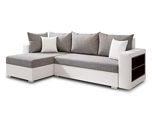 Ecksofa Lord mit Regal und Schlaffunktion - Sofa mit Bettkasten, Schlafsofa, Polsterecke, Couch L-Form, Couchgarnitur, Sofagarnitur (Weiß + Grau (Dolaro 511 + Berlin 01), Ecksofa Links) von Sofnet