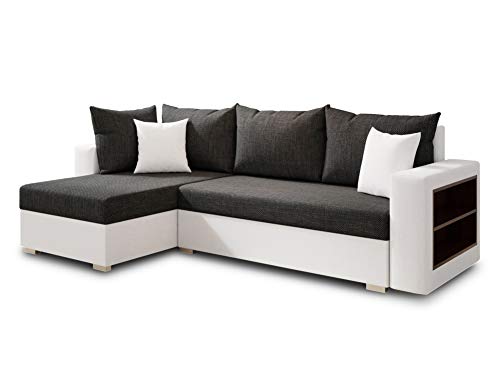 Ecksofa Lord mit Regal und Schlaffunktion - Sofa mit Bettkasten, Schlafsofa, Polsterecke, Couch L-Form, Couchgarnitur, Sofagarnitur (Weiß + Schwarz (Dolaro 511 + Berlin 02), Ecksofa Links) von Sofnet