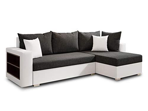 Ecksofa Lord mit Regal und Schlaffunktion - Sofa mit Bettkasten, Schlafsofa, Polsterecke, Couch L-Form, Couchgarnitur, Sofagarnitur (Weiß + Schwarz (Dolaro 511 + Berlin 02), Ecksofa Rechts) von Sofnet