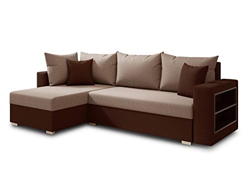 Ecksofa Lord mit praktischen Regal - Sofa mit Bettkasten und Schlaffunktion, Schlafsofa, Polsterecke, Couch L-Form, Couchgarnitur, Sofagarnitur (Braun + Beige (Alova 68 + 07), Ecksofa Links) von Sofnet