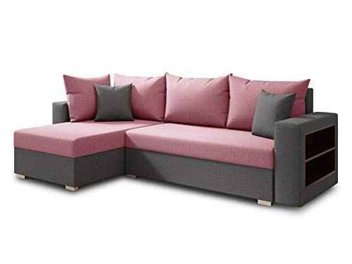 Ecksofa Lord mit praktischen Regal - Sofa mit Bettkasten und Schlaffunktion, Schlafsofa, Polsterecke, Couch L-Form, Couchgarnitur, Sofagarnitur (Grau + Pink (Alova 10 + 78), Ecksofa Links) von Sofnet
