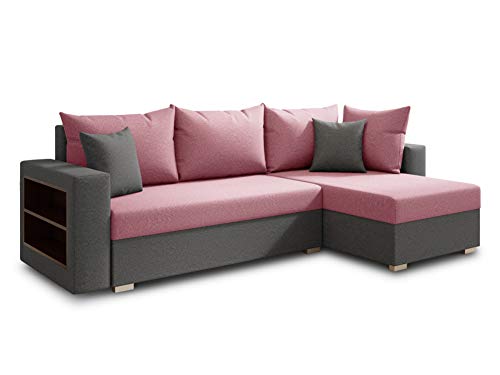 Ecksofa Lord mit praktischen Regal - Sofa mit Bettkasten und Schlaffunktion, Schlafsofa, Polsterecke, Couch L-Form, Couchgarnitur, Sofagarnitur (Grau + Pink (Alova 10 + 78), Ecksofa Rechts) von Sofnet