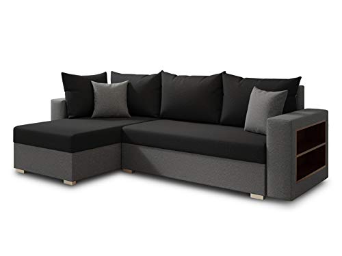 Ecksofa Lord mit praktischen Regal - Sofa mit Bettkasten und Schlaffunktion, Schlafsofa, Polsterecke, Couch L-Form, Couchgarnitur, Sofagarnitur (Grau + Schwarz (Alova 10 + 04), Ecksofa Links) von Sofnet