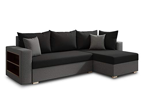 Ecksofa Lord mit praktischen Regal - Sofa mit Bettkasten und Schlaffunktion, Schlafsofa, Polsterecke, Couch L-Form, Couchgarnitur, Sofagarnitur (Grau + Schwarz (Alova 10 + 04), Ecksofa Rechts) von Sofnet