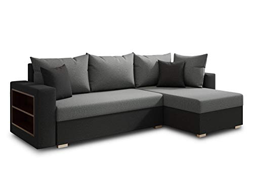 Ecksofa Lord mit praktischen Regal - Sofa mit Bettkasten und Schlaffunktion, Schlafsofa, Polsterecke, Couch L-Form, Couchgarnitur, Sofagarnitur (Schwarz + Grau (Alova 04 + 10), Ecksofa Rechts) von Sofnet