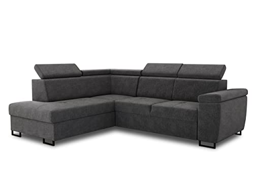 Ecksofa Natan mit Schlaffunktion und einstellbare Kopfstützen - Wohnlandschaft mit Metallfüßen, Couchgarnitur, Bettkasten, Sofagarnitur, Sofa (Ecksofa Links, Dunkelgrau (Kronos 22)) von Sofnet