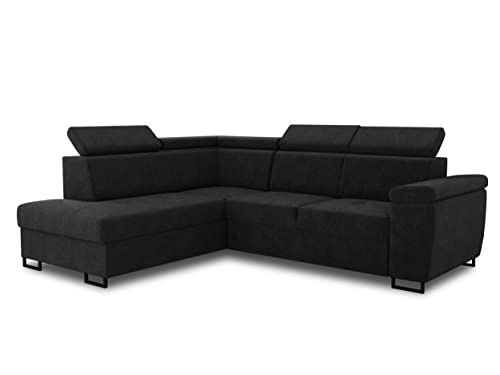 Ecksofa Natan mit Schlaffunktion und einstellbare Kopfstützen - Wohnlandschaft mit Metallfüßen, Couchgarnitur, Bettkasten, Sofagarnitur, Sofa (Ecksofa Links, Schwarz (Kronos 07)) von Sofnet