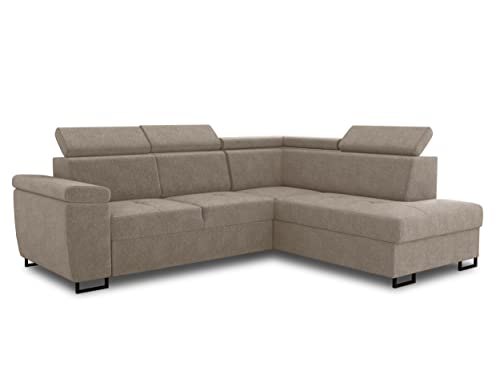 Ecksofa Natan mit Schlaffunktion und einstellbare Kopfstützen - Wohnlandschaft mit Metallfüßen, Couchgarnitur, Bettkasten, Sofagarnitur, Sofa (Ecksofa Rechts, Beige (Paros 02)) von Sofnet