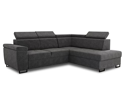 Ecksofa Natan mit Schlaffunktion und einstellbare Kopfstützen - Wohnlandschaft mit Metallfüßen, Couchgarnitur, Bettkasten, Sofagarnitur, Sofa (Ecksofa Rechts, Dunkelgrau (Kronos 22)) von Sofnet