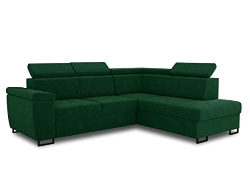 Ecksofa Natan mit Schlaffunktion und einstellbare Kopfstützen - Wohnlandschaft mit Metallfüßen, Couchgarnitur, Bettkasten, Sofagarnitur, Sofa (Ecksofa Rechts, Grün (Kronos 19)) von Sofnet