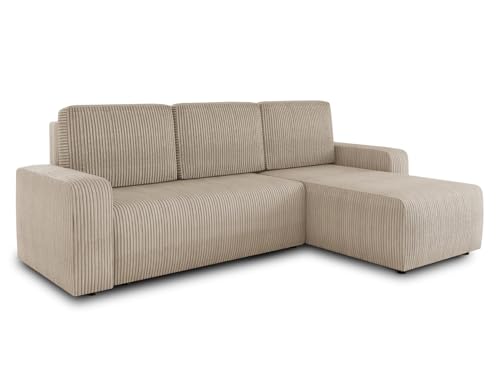 Ecksofa Roma L mit Schlaffunktion und Bettkasten - Cord Stoff - L-Form Couch, Polstersofa, Schlafsofa, Sofagarnitur - Ottomane Universal (Beige (Poso 100)) von Sofnet