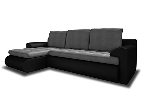 Ecksofa Santi II mit schmutzabweisender Stoff - Couchgarnitur mit Schlaffunktion und Bettkasten, Couch, Polsterecke, Schlafsofa (Schwarz + Grau (Madryt 1100 + Trinity 14), Ecksofa Links) von Sofnet