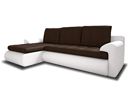 Ecksofa Santi II mit schmutzabweisender Stoff - Couchgarnitur mit Schlaffunktion und Bettkasten, Couch, Polsterecke, Schlafsofa (Weiß + Braun (Madryt 120 + Trinity 08), Ecksofa Links) von Sofnet