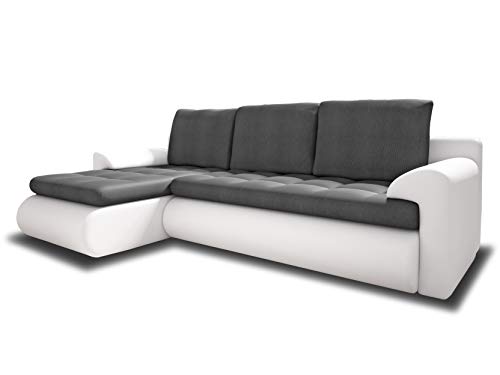 Ecksofa Santi II mit schmutzabweisender Stoff - Couchgarnitur mit Schlaffunktion und Bettkasten, Couch, Polsterecke, Schlafsofa (Weiß + Grau (Madryt 120 + Trinity 14), Ecksofa Links) von Sofnet