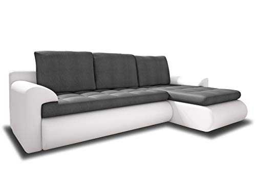 Ecksofa Santi II mit schmutzabweisender Stoff - Couchgarnitur mit Schlaffunktion und Bettkasten, Couch, Polsterecke, Schlafsofa (Weiß + Grau (Madryt 120 + Trinity 14), Rechts) von Sofnet