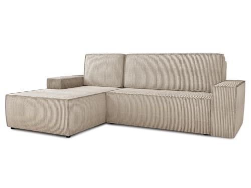 Ecksofa Totti L mit Schlaffunktion und Bettkasten - Cord Stoff - L-Form Couch, Polstersofa, Schlafsofa, Sofagarnitur (Beige (Poso 100), Ecksofa Links) von Sofnet