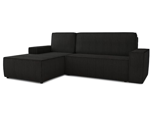 Ecksofa Totti L mit Schlaffunktion und Bettkasten - Cord Stoff - L-Form Couch, Polstersofa, Schlafsofa, Sofagarnitur (Schwarz (Poso 135), Ecksofa Links) von Sofnet