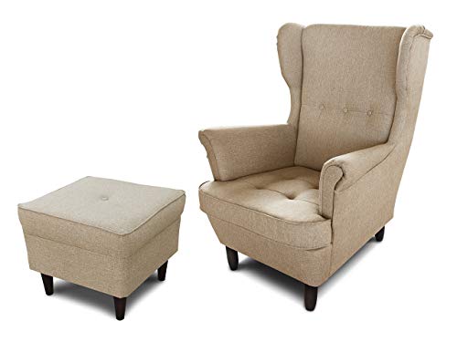 Ohrensessel Sessel King - Lounge Sessel mit Armlehnen - Retro Stuhl aus Stoff mit Holz Füßen - Polsterstuhl für Esszimmer & Wohnzimmer (Beige (Inari 26), mit Hocker) von Sofnet