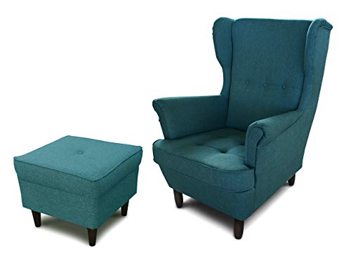 Ohrensessel Sessel King - Lounge Sessel mit Armlehnen - Retro Stuhl aus Stoff mit Holz Füßen - Polsterstuhl für Esszimmer & Wohnzimmer (Blau (Inari 87), mit Hocker) von Sofnet
