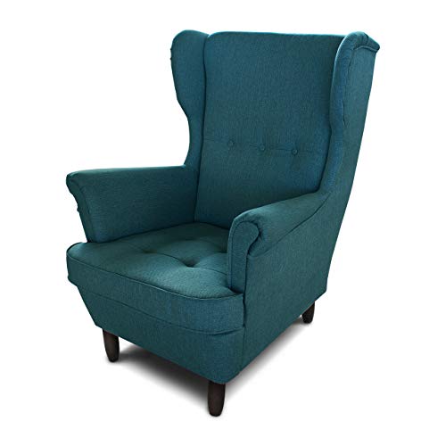 Ohrensessel Sessel King - Lounge Sessel mit Armlehnen - Retro Stuhl aus Stoff mit Holz Füßen - Polsterstuhl für Esszimmer & Wohnzimmer (Blau (Inari 87), ohne Hocker) von Sofnet