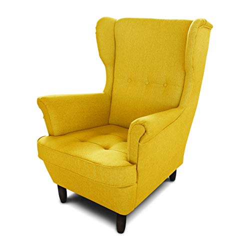 Ohrensessel Sessel King - Lounge Sessel mit Armlehnen - Retro Stuhl aus Stoff mit Holz Füßen - Polsterstuhl für Esszimmer & Wohnzimmer (Gelb (Vidar 66), ohne Hocker) von Sofnet