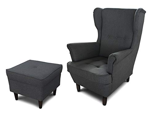 Ohrensessel Sessel King - Lounge Sessel mit Armlehnen - Retro Stuhl aus Stoff mit Holz Füßen - Polsterstuhl für Esszimmer & Wohnzimmer (Graphit (Inari 94), mit Hocker) von Sofnet