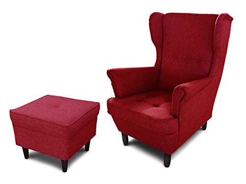 Ohrensessel Sessel King - Lounge Sessel mit Armlehnen - Retro Stuhl aus Stoff mit Holz Füßen - Polsterstuhl für Esszimmer & Wohnzimmer (Rot (Inari 60), mit Hocker) von Sofnet