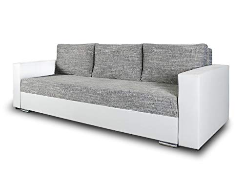 Schlafsofa Bird - Sofa mit Schlaffunktion und Bettkasten, Klappsofa, Schlafcouch mit Chromfüße, Couch, Couchgarnitur, Sofagarnitur (Weiß + Grau (Dolaro 511 + Berlin 01)) von Sofnet