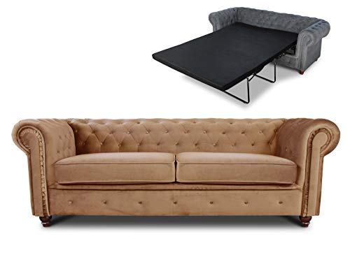 Schlafsofa Chesterfield Asti Bis 3-Sitzer, Sofa mit Schlaffunktion, Couch 3-er, Couchgarnitur, Sofagarnitur, Holzfüße, Polstersofa (Beige (Velvet 28)) von Sofnet