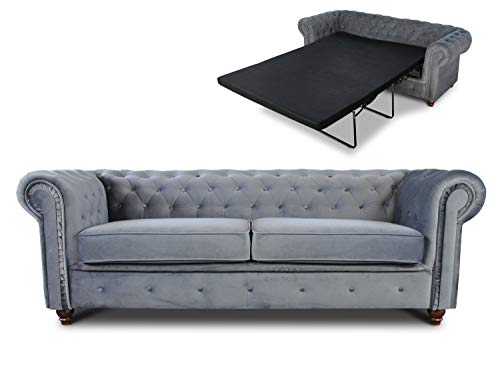 Schlafsofa Chesterfield Asti Bis 3-Sitzer, Sofa mit Schlaffunktion, Couch 3-er, Couchgarnitur, Sofagarnitur, Holzfüße, Polstersofa (Grau (Velvet 10)) von Sofnet