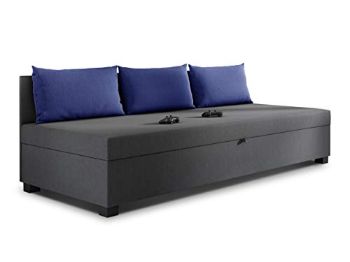 Schlafsofa Misti III - Einzelbett mit Kissen, Sofa mit Bettkasten, Bettsofa, Farbauswahl, Bettgestell, Komfortbett, Bett für Jugendzimmer, Schlafmöbel (Graphit + Blau (Lux 06 + Lux 20)) von Sofnet