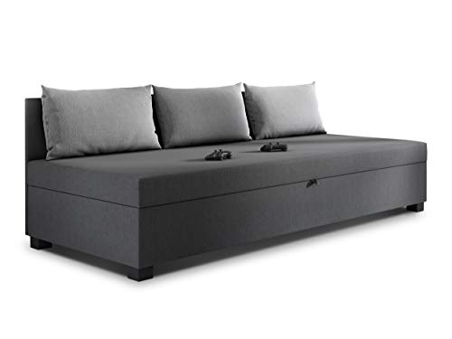 Schlafsofa Misti III - Einzelbett mit Kissen, Sofa mit Bettkasten, Bettsofa, Farbauswahl, Bettgestell, Komfortbett, Bett für Jugendzimmer, Schlafmöbel (Graphit + Grau (Lux 06 + Lux 05)) von Sofnet