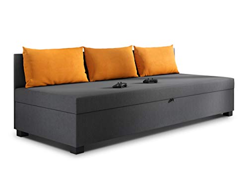 Schlafsofa Misti III - Einzelbett mit Kissen, Sofa mit Bettkasten, Bettsofa, Farbauswahl, Bettgestell, Komfortbett, Bett für Jugendzimmer, Schlafmöbel (Graphit + Orange (Lux 06 + Lux 09)) von Sofnet