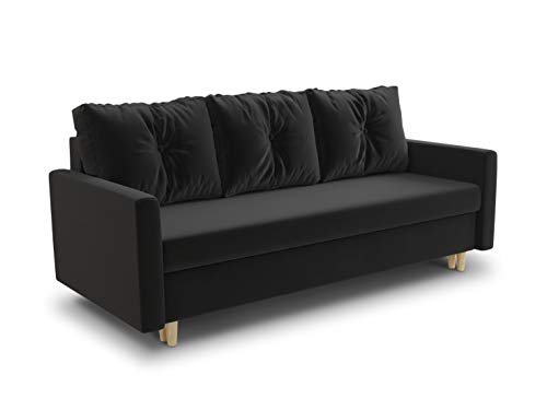 Schlafsofa Rico - Couch mit Schlaffunktion Sofa mit Bettkasten Bettfunktion Bettsofa Skandinavisch Polstergarnitur Bonell-Ferderkern Velours (Schwarz (Kronos 07)) von Sofnet