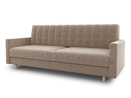 Schlafsofa Sara - Sofa mit Schlaffunktion und Bettkasten, Bettsofa mit Wellenfeder, Schlafcouch mit Holzfüße, Couch vom Hersteller, Couchgarnitur, Velours (Beige (Paros 02)) von Sofnet