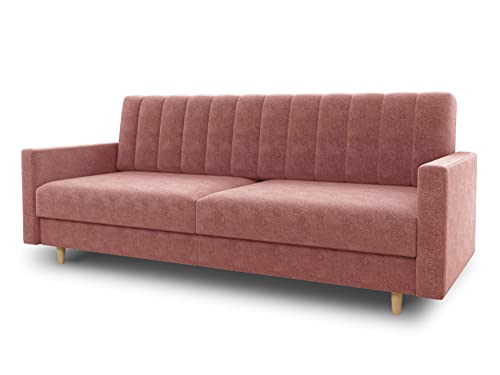 Schlafsofa Sara - Sofa mit Schlaffunktion und Bettkasten, Bettsofa mit Wellenfeder, Schlafcouch mit Holzfüße, Couch vom Hersteller, Couchgarnitur, Velours (Pink (Kronos 29)) von Sofnet