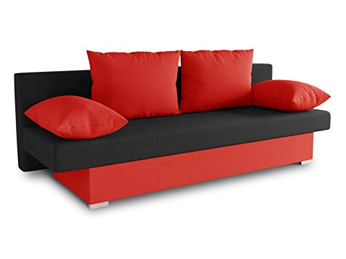 Schlafsofa Tina inklusive Bettkasten - Sofa mit Schlaffunktion, Bettsofa, Couchgarnitur, Couch, Bett, Schlafmöbel (Alova 46 + 04 (Rot + Schwarz)) von Sofnet