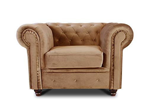 Sessel Chesterfield Asti - Couch, Couchgarnitur, Couchsessel, Loungesessel, Stühl, Holzfüße - Glamour Design, Velours (Beige (Velvet 28)) von Sofnet