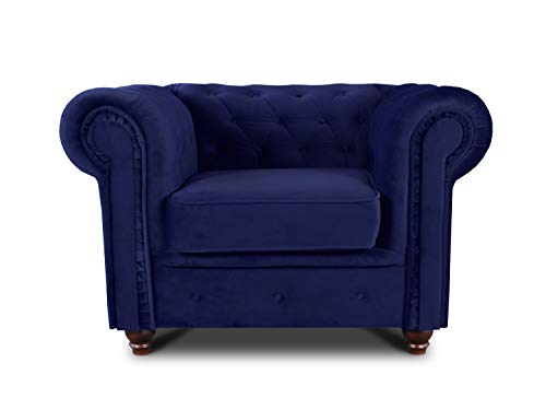 Sessel Chesterfield Asti - Couch, Couchgarnitur, Couchsessel, Loungesessel, Stühl, Holzfüße - Glamour Design, Velours (Dunkelblau (Velvet 86)) von Sofnet