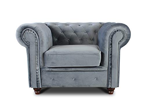 Sessel Chesterfield Asti - Couch, Couchgarnitur, Couchsessel, Loungesessel, Stühl, Holzfüße - Glamour Design, Velours (Grau (Velvet 10)) von Sofnet