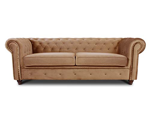 Sofa Chesterfield Asti 3-Sitzer, Couch 3-er, Glamour Design, Couchgarnitur, Sofagarnitur, Holzfüße, Polstersofa - Wohnzimmer, Velours (Beige (Velvet 28)) von Sofnet