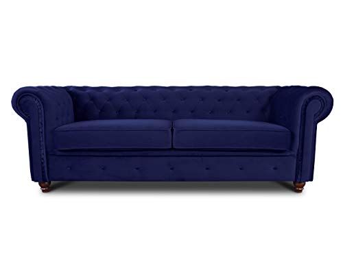 Sofa Chesterfield Asti 3-Sitzer, Couch 3-er, Glamour Design, Couchgarnitur, Sofagarnitur, Holzfüße, Polstersofa - Wohnzimmer, Velours (Dunkelblau (Velvet 86)) von Sofnet