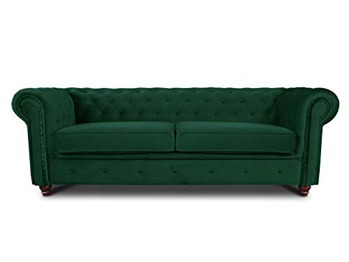 Sofa Chesterfield Asti 3-Sitzer, Couch 3-er, Glamour Design, Couchgarnitur, Sofagarnitur, Holzfüße, Polstersofa - Wohnzimmer, Velours (Dunkelgrün (Velvet 78)) von Sofnet