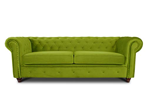 Sofa Chesterfield Asti 3-Sitzer, Couch 3-er, Glamour Design, Couchgarnitur, Sofagarnitur, Holzfüße, Polstersofa - Wohnzimmer, Velours (Hellgrün (Velvet 75)) von Sofnet